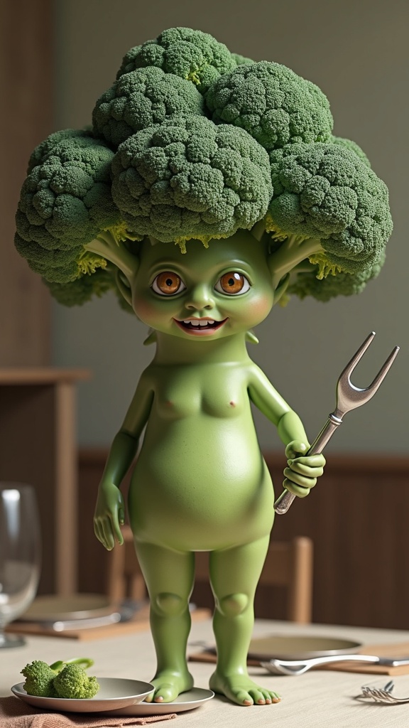 Broccolone Mangione, the final boss of eat your greens — a humanoid creature with a giant broccoli floret head